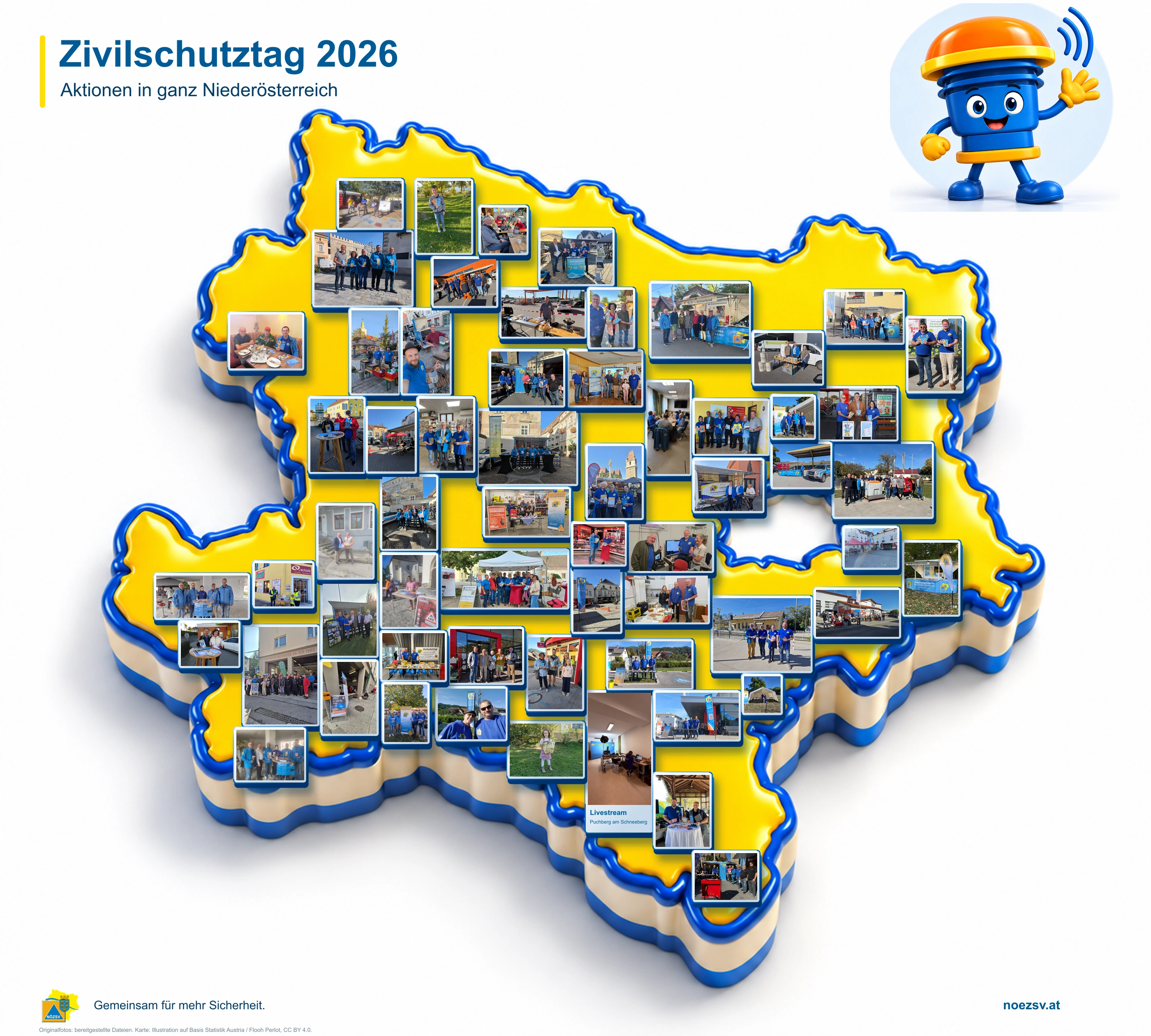 Fotokarte Niederösterreichs mit Originalfotos der Zivilschutzaktionen 2026 und einem Livestream-Motiv aus Puchberg am Schneeberg.